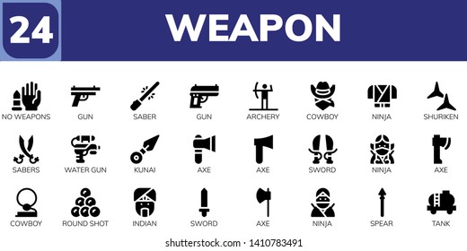 weapon icon set. 24 filled weapon icons.  Collection Of - No weapons, Gun, Saber, Archery, Cowboy, Ninja, Shuriken, Sabers, Water gun, Kunai, Axe, Sword, Round shot, Indian, Spear