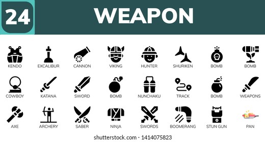 weapon icon set. 24 filled weapon icons.  Simple modern icons about  - Kendo, Excalibur, Cannon, Viking, Hunter, Shuriken, Bomb, Cowboy, Katana, Sword, Nunchaku, Track, Weapons