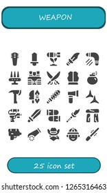  weapon icon set. 25 filled weapon icons. Simple modern icons about  - Weapons, Sword, Bomb, Dagger, Boomerang, Weapon, Bulletproof vest, Saber, Armour, Axe, Mace, Shuriken, Water gun
