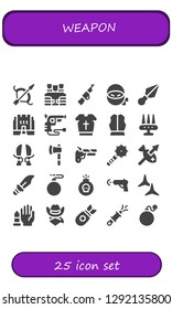  weapon icon set. 25 filled weapon icons. Simple modern icons about  - Archery, Bulletproof vest, Rifle, Ninja, Kunai, Medieval, Revolver, Armour, Weapon, Sword, Ax, Gun, Spear