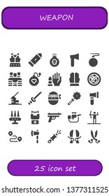 weapon icon set. 25 filled weapon icons.  Collection Of - Armour, Bullet, Bomb, Axe, Bulletproof vest, No weapons, Bombing, Katana, Ninja, Weapon, Stun gun, Gun, Rifle, Archery