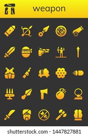 weapon icon set. 26 filled weapon icons.  Collection Of - Bullet, Dolmen, Archery, Kunai, Bombing, Cannon, Sword, Ninja, Gun, Spear, Kendo, Rifle, Tank, Revolver, Missile, Weapon