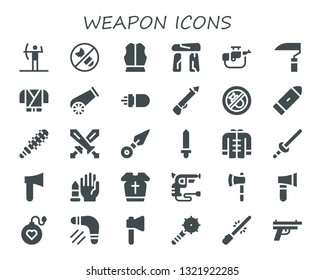 weapon icon set. 30 filled weapon icons.  Collection Of - Archery, Bomb, Armour, Dolmen, Rifle, Scythe, Ninja, Cannon, Missile, Spear, Bombing, Bullet, Mace, Swords, Kunai, Sword