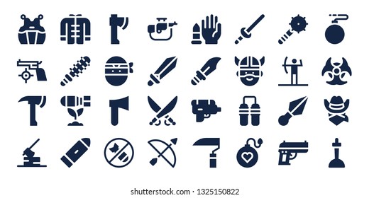 weapon icon set. 32 filled weapon icons. on blue background style Collection Of - Kendo, Gun, Axe, Wushu, Mace, Bomb, Bullet, Ninja, Rifle, Sword, Saber, Archery, No weapons, Dagger