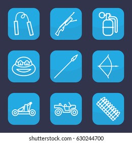 Weapon icon. set of 9 outline weapon icons such as dynamite, bow, catapult, spear, ammo, submachine gun