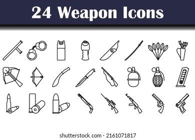 Weapon Icon Set. Feines Rahmendesign mit bearbeitbarer Hubbreite. Vektorgrafik.