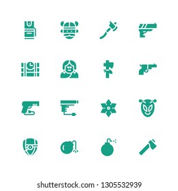 weapon icon set. Collection of 16 filled weapon icons included Axe, Bomb, Arsenal, Alien, Shuriken, Gun, Troglodyte, Dinamite, Viking, Pepper spray