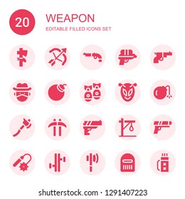 weapon icon set. Collection of 20 filled weapon icons included Axe, Archery, Gun, Water gun, Cowboy, Bomb, Missile, Alien, Kusarigama, Gallows, Weapons, Tonfa, Warrior, Quiver