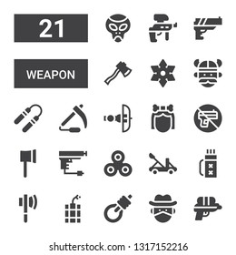 weapon icon set. Collection of 21 filled weapon icons included Water gun, Cowboy, Gallows, Dynamite, Axe, Quiver, Catapult, Gun, Ax, No weapons, Troglodyte, Crossbow, Scythe, Nunchaku