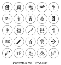 Weapon icon set. collection of 25 outline weapon icons with archery, artillery, boomerang, bomb, cannon, cowboy, duel, dynamite, gun, indian, ninja icons. editable icons.