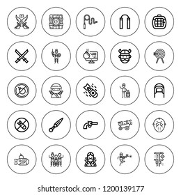 Weapon icon set. collection of 25 outline weapon icons with archery, bomb, carrier, cannon, coif, dynamite, katana, kunai, gun, killer mask, nunchaku icons. editable icons.