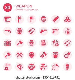 weapon icon set. Collection of 30 filled weapon icons included Gun, Ax, Arsenal, Bullet, Cowboy, Nunchaku, Dinamite, Greek vase, Pepper spray, Bomb, Axe, Alien, Troglodyte, Quiver
