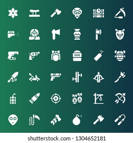 weapon icon set. Collection of 36 filled weapon icons included Nunchaku, Axe, Bomb, Ax, Weapon, Alien, Archery, Gallows, Missile, Shooter, Bullet, Dynamite, Crossbow, Tonfa, Gun
