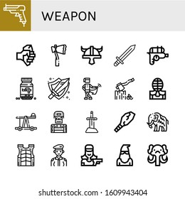 weapon icon set. Collection of Gun, Axe, Viking helmet, Sword, Water gun, Ammo, Medieval, Kendo, Catapult, Soldier, Weapon, Mammoth, Bulletproof vest, Shooter, Executioner icons