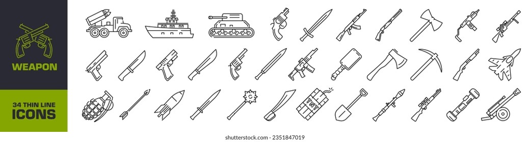Juego de iconos de arma. Símbolo lineal.