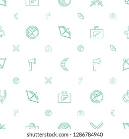 weapon icons pattern seamless white background. Included editable line bow, boomerang, sword, radar, axe, briefcase with weapon, sligshot icons. weapon icons for web and mobile.