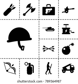 Weapon icons. set of 13 editable filled weapon icons such as caveman, bomb, rocket bomb, dynamite, arrow bow, cannon, truck rocket, war helmet, tank