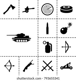 Weapon icons. set of 13 editable filled weapon icons such as bow, sword, bomb, dynamite, smoke bomb, catapult, axe weapon, cannon, bullet, tank, submachine gun