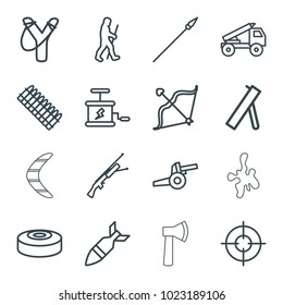Weapon icons. set of 16 editable outline weapon icons such as sligshot, bow, caveman, rocket bomb, dynamite, smoke bomb, spear, cannon, truck rocket, ammo, submachine gun