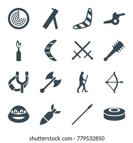 Weapon icons. set of 16 editable filled weapon icons such as radar, boomerang, ninja, sword, caveman, rocket bomb, smoke bomb, bow, axe weapon, mace, spear, cannon, dynamite