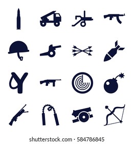 weapon icons set. Set of 16 weapon filled icons such as radar, bow, bomb, rocket bomb, arrow bow, cannon, chain weapon, truck rocket, war helmet, bullet, submachine gun