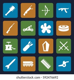 weapon icons set. Set of 16 weapon filled icons such as rocket bomb, dynamite, smoke bomb, catapult, mace, cannon, weapon truck, ammo, hundting gun, submachine gun, sword, bow