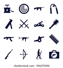 weapon icons set. Set of 16 weapon filled icons such as radar, caveman, dynamite, catapult, mace, cannon, ammo, hundting gun, submachine gun, bow