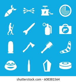 Weapon icons set. set of 16 weapon filled icons such as radar, boomerang, ninja, caveman, rocket bomb, dynamite, smoke bomb, arrow bow, mace, bullet