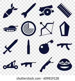 Weapon icons set. set of 16 weapon filled icons such as radar, ninja, bow, bomb, rocket bomb, sword, catapult, cannon, bullet, ammo, tank