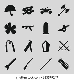 Weapon icons set. set of 16 weapon filled icons such as spear, cannon, war helmet, bullet, ammo, rocket bomb, hundting gun, submachine gun, sword