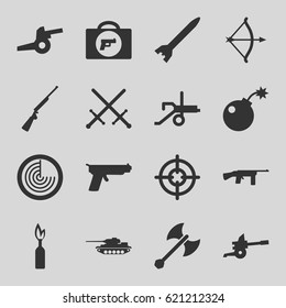 Weapon icons set. set of 16 weapon filled icons such as radar, bomb, bow, cannon, rocket bomb, tank, dynamite, gun, hundting gun, submachine gun, sniper target