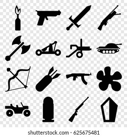 Weapon icons set. set of 16 weapon filled icons such as bow, rocket bomb, sword, catapult, bullet, tank, dynamite, cannon, gun, hundting gun, submachine gun
