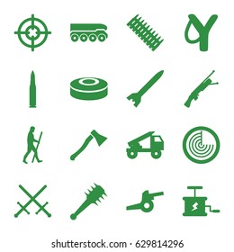 Weapon icons set. set of 16 weapon filled icons such as radar, caveman, dynamite, smoke bomb, mace, cannon, truck rocket, bullet, ammo, rocket bomb, submachine gun