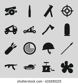 Weapon icons set. set of 16 weapon filled icons such as radar, rocket bomb, dynamite, catapult, spear, axe weapon, cannon, truck rocket, war helmet, bullet, tank