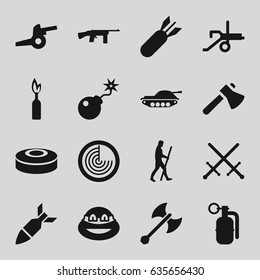 Weapon icons set. set of 16 weapon filled icons such as radar, axe, ninja, bomb, caveman, rocket bomb, dynamite, smoke bomb, axe weapon, cannon, tank, submachine gun