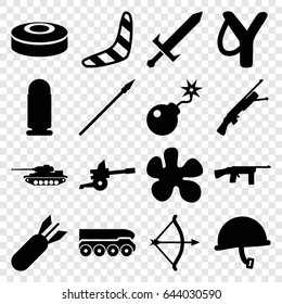 Weapon icons set. set of 16 weapon filled icons such as boomerang, bomb, rocket bomb, smoke bomb, sword, bow, spear, cannon, war helmet, weapon truck, bullet, tank
