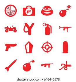 Weapon icons set. set of 16 weapon filled icons such as radar, ninja, bomb, dynamite, bullet, rocket bomb, cannon, gun, submachine gun, sniper target, sword