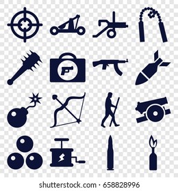 Weapon icons set. set of 16 weapon filled icons such as bow, bomb, caveman, rocket bomb, dynamite, catapult, mace, cannon, canon ball, bullet, submachine gun
