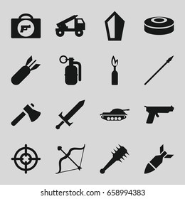 Weapon icons set. set of 16 weapon filled icons such as briefcase with weapon, axe, bow, rocket bomb, dynamite, smoke bomb, sword, mace, spear, truck rocket, tank, gun