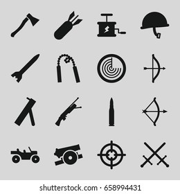 Weapon icons set. set of 16 weapon filled icons such as radar, rocket bomb, dynamite, bow, cannon, war helmet, bullet, submachine gun, sniper target