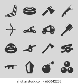 Weapon icons set. set of 16 weapon filled icons such as boomerang, axe, ninja, bomb, smoke bomb, catapult, mace, axe weapon, cannon, canon ball, truck rocket, submachine gun