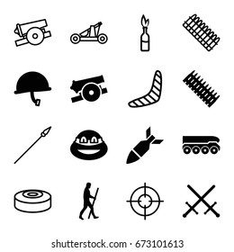 Weapon icons set. set of 16 weapon filled and outline icons such as ninja, caveman, rocket bomb, cannon, war helmet, weapon truck, ammo, boomerang, smoke bomb, catapult, spear