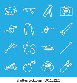 weapon icons set. Set of 16 weapon outline icons such as bomb, rocket bomb, catapult, spear, cannon, tank, submachine gun, ninja