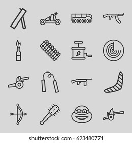 Weapon icons set. set of 16 weapon outline icons such as radar, boomerang, dynamite, catapult, mace, cannon, ammo, submachine gun, ninja