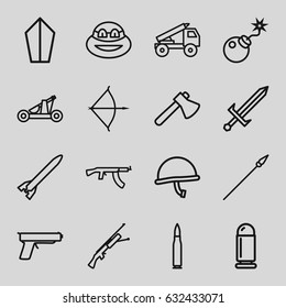Weapon icons set. set of 16 weapon outline icons such as axe, bomb, sword, bow, catapult, spear, truck rocket, war helmet, bullet, rocket bomb, gun, submachine gun