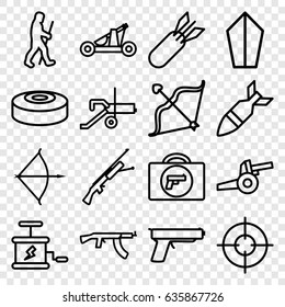 Weapon icons set. set of 16 weapon outline icons such as briefcase with weapon, bow, caveman, rocket bomb, dynamite, smoke bomb, catapult, cannon, gun, submachine gun