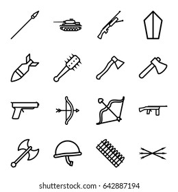 Weapon icons set. set of 16 weapon outline icons such as axe, bow, rocket bomb, arrow bow, axe weapon, mace, spear, war helmet, ammo, tank, gun, submachine gun