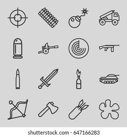 Weapon icons set. set of 16 weapon outline icons such as radar, axe, bow, bomb, rocket bomb, sword, cannon, truck rocket, bullet, ammo, tank, dynamite, submachine gun