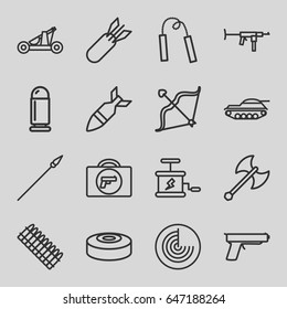 Weapon icons set. set of 16 weapon outline icons such as radar, bow, rocket bomb, dynamite, smoke bomb, catapult, spear, bullet, ammo, tank, gun