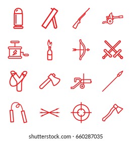 Weapon icons set. set of 16 weapon outline icons such as axe, dynamite, arrow bow, spear, cannon, bullet, hundting gun, sniper target, bow, sligshot